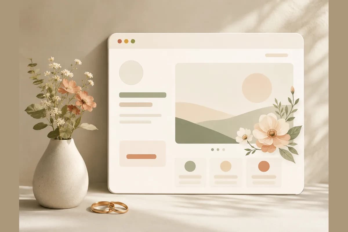A browser window mockup of a wedding page with a large photo placeholder beside a vase of blossoms and two rings.