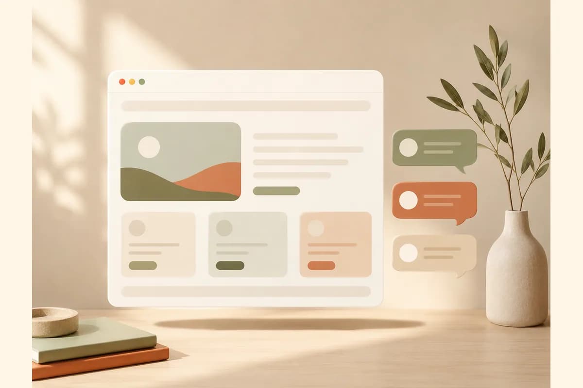 A browser window mockup built from placeholder blocks beside rounded chat-bubble shapes, representing the Wegic AI website builder that assembles pages through conversation.