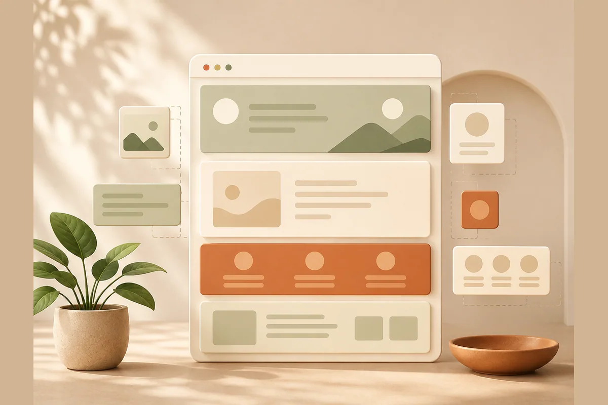 A browser window mockup being built from modular content blocks that snap into a full page layout, illustrating an AI website builder assembling a site.