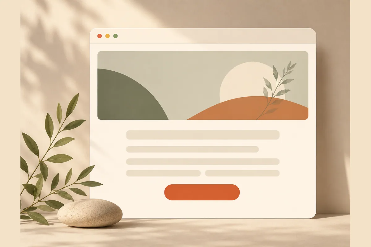 A browser window mockup assembling a landing page with a tall hero block and one centered action button, showing how an AI builder produces a campaign page fast.