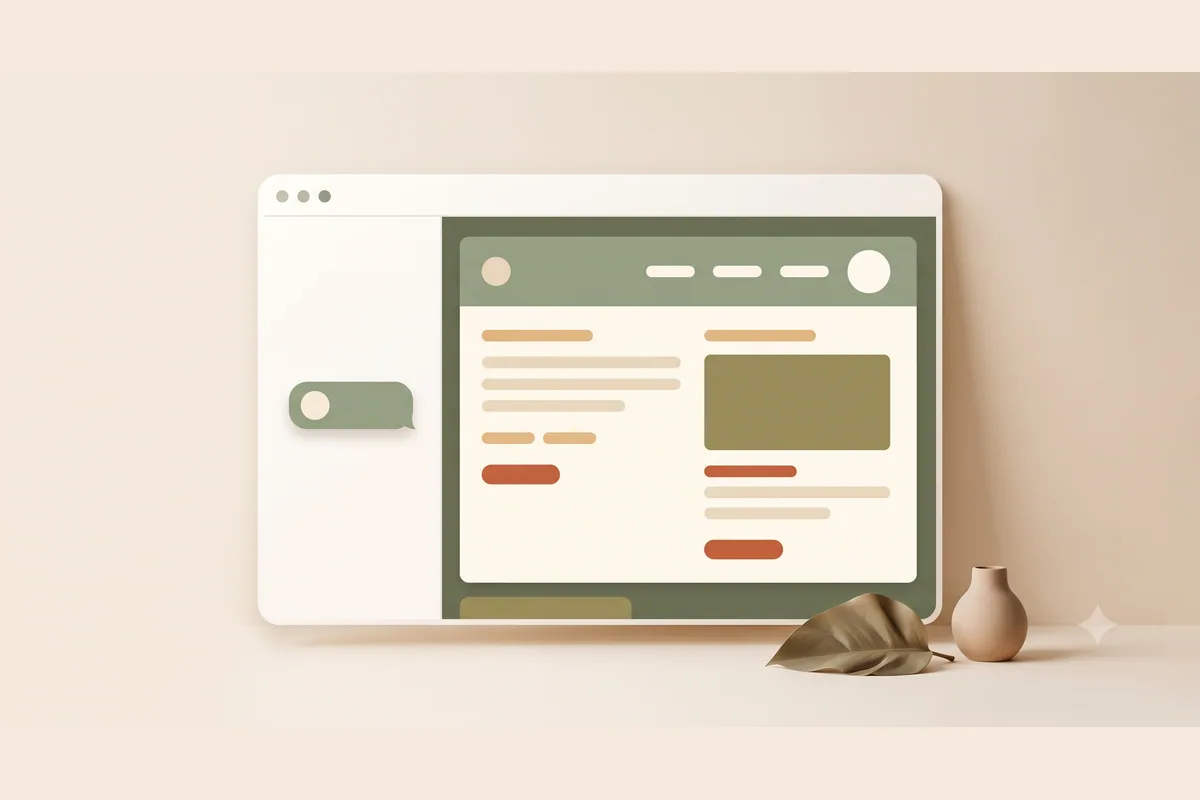 Jendela browser gelap dengan halaman website yang tersusun sendiri dari percikan partikel menyala yang keluar dari satu kolom prompt di bagian bawah, mewakili AI pembuat website yang membangun situs dari satu kalimat