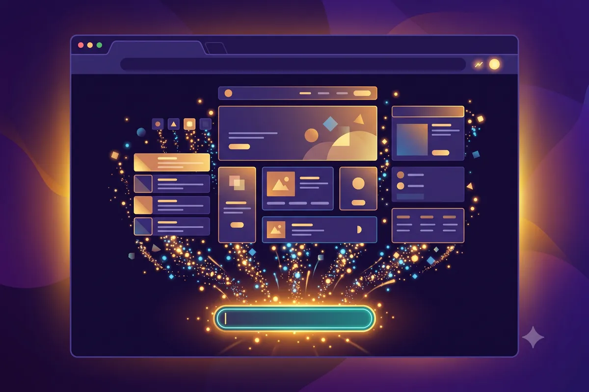 Jendela browser gelap dengan halaman website yang tersusun sendiri dari percikan partikel menyala yang keluar dari satu kolom prompt di bagian bawah, mewakili AI pembuat website yang membangun situs dari satu kalimat
