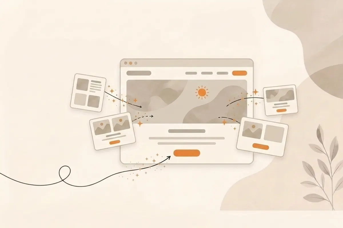 An AI website builder assembling a polished business website in the browser, section by section, from a single prompt