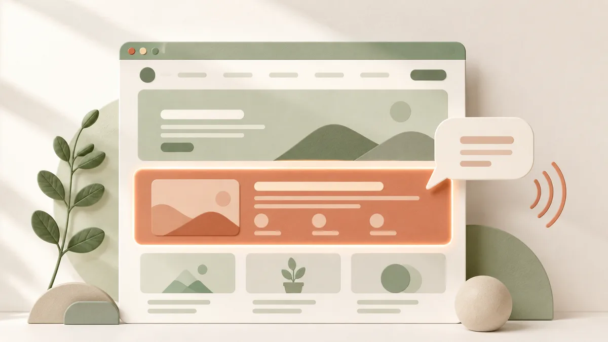 A browser window on warm paper where one middle section glows amber while a speech bubble and sound wave arc point at it, showing a website section being rebuilt by talking to it