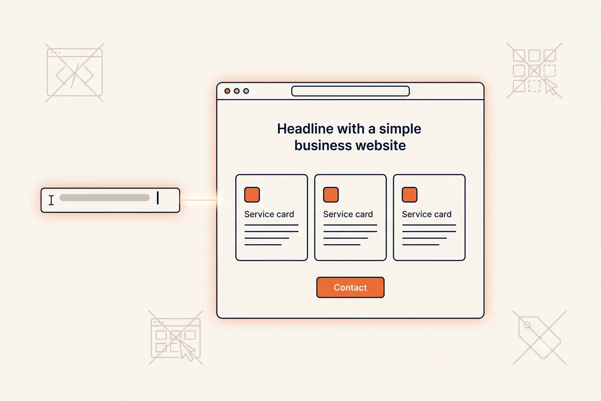 A typed sentence flowing into an assembled website layout, showing how a beginner goes from a plain description to a finished page