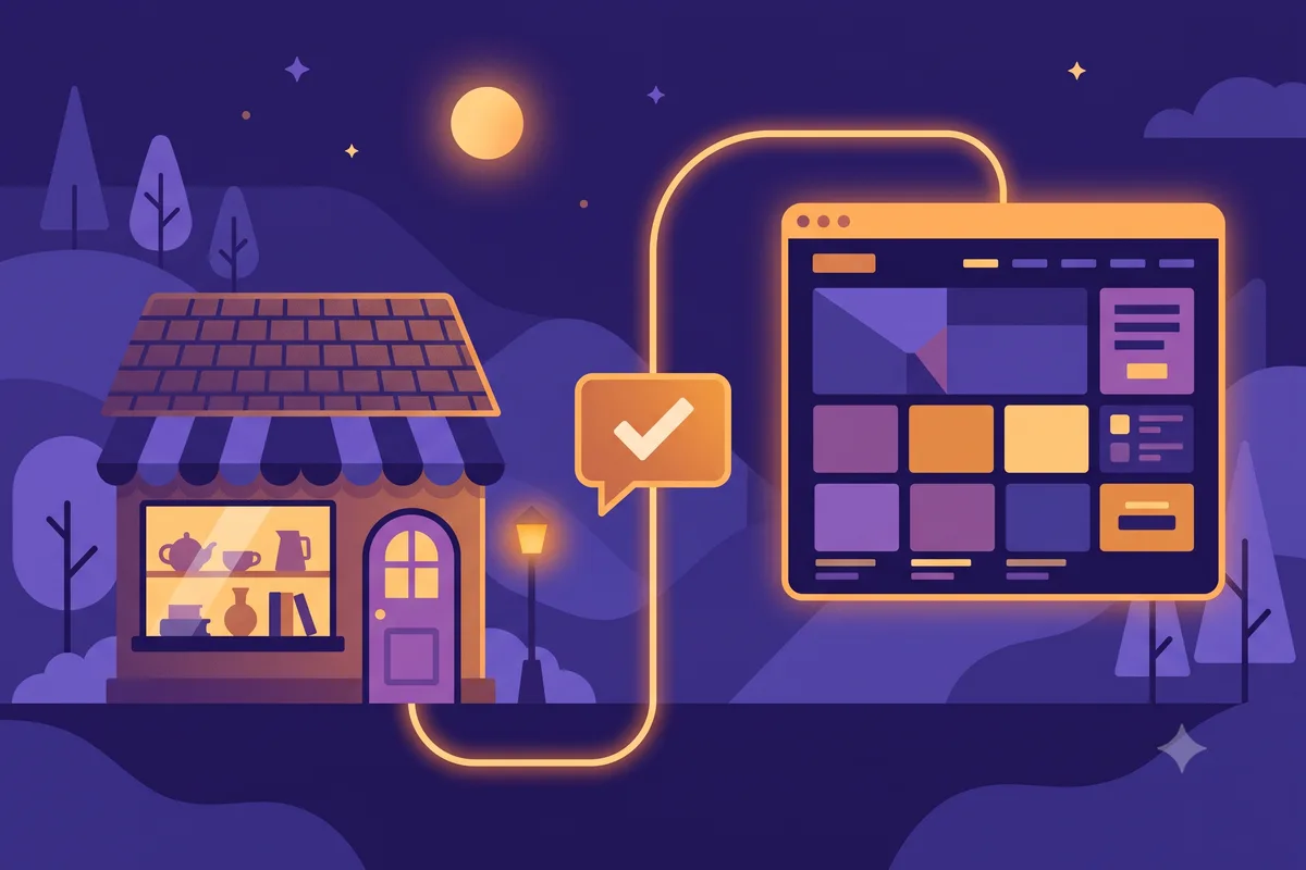 A small storefront shop connected by a glowing line to a browser window showing its new website, with a chat bubble and checkmark in between representing leads arriving on WhatsApp