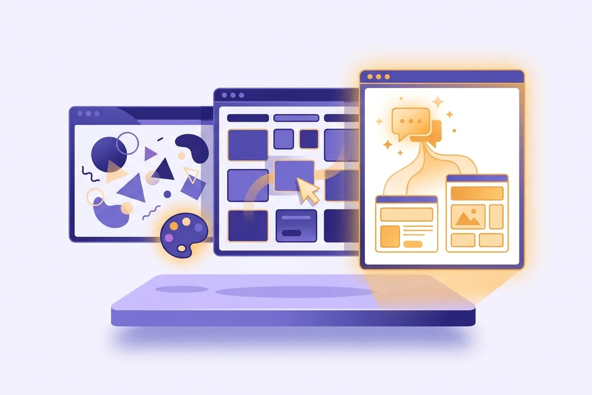 Tiga jendela browser berjajar di atas podium mewakili Canva, Wix, dan AI website builder: kanvas desain, grid blok drag and drop, dan jendela menyala amber dengan gelembung percakapan yang menyusun halaman