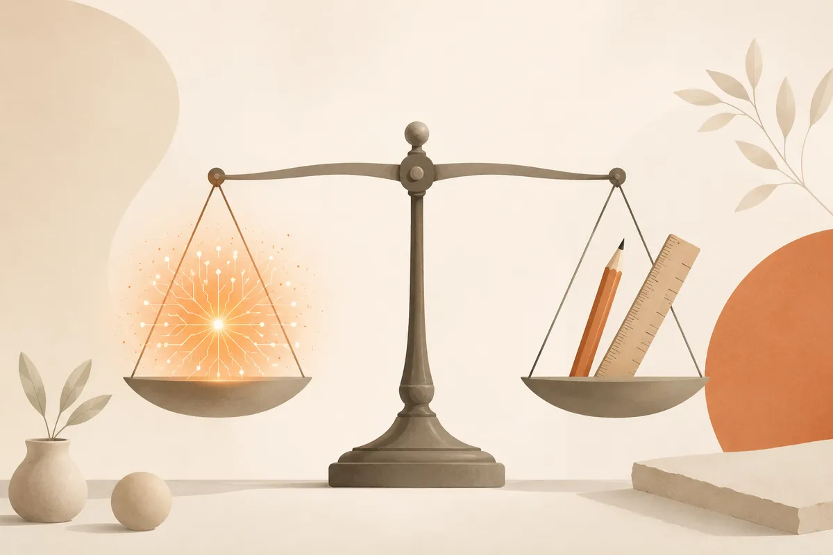 A scale weighing an AI website builder against a human web designer