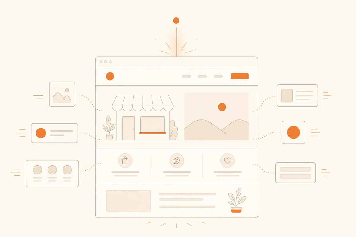 An AI website generator at work: from a single glowing prompt line, a complete small-business website assembles itself inside a browser window in minutes