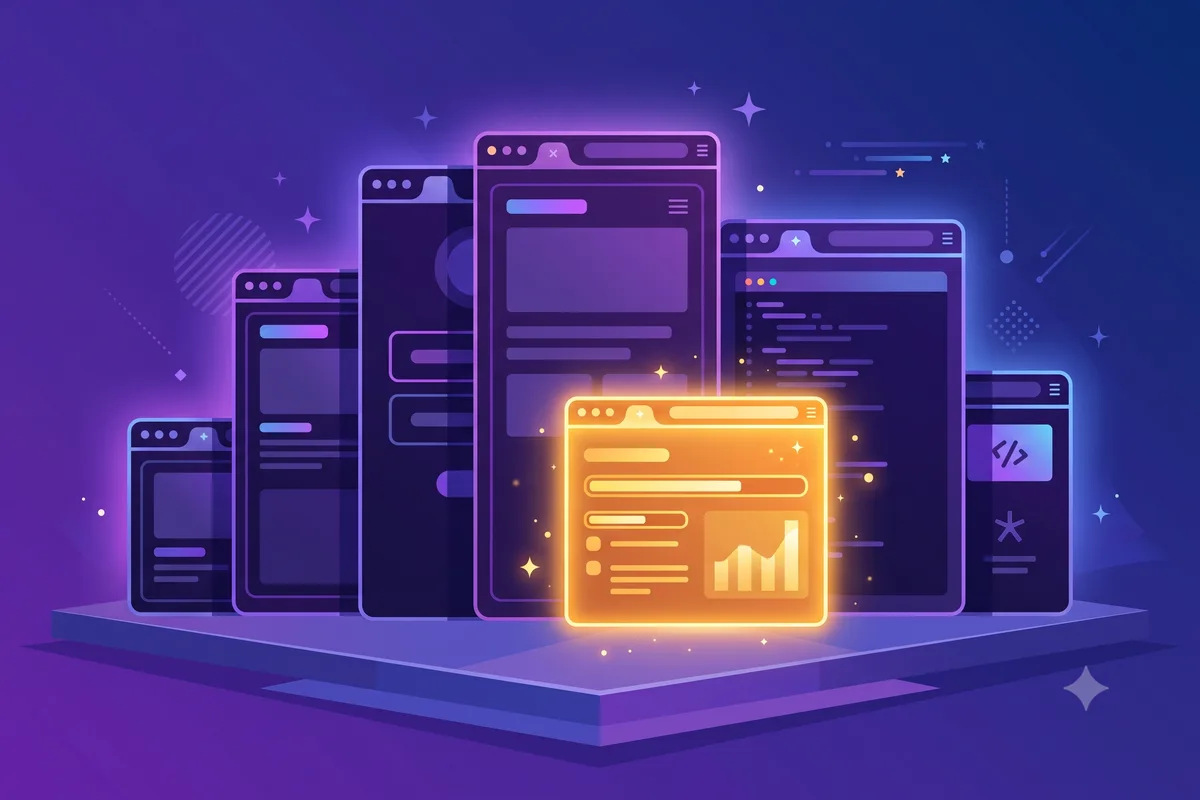 Seven browser windows of different heights lined up for comparison on a podium, with one glowing amber window standing out in front as the best AI website builder pick