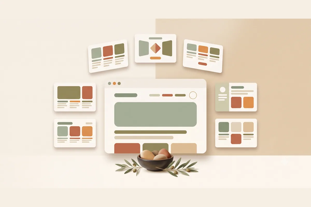 Seven browser windows of different heights lined up for comparison on a podium, with one glowing amber window standing out in front as the best AI website builder pick