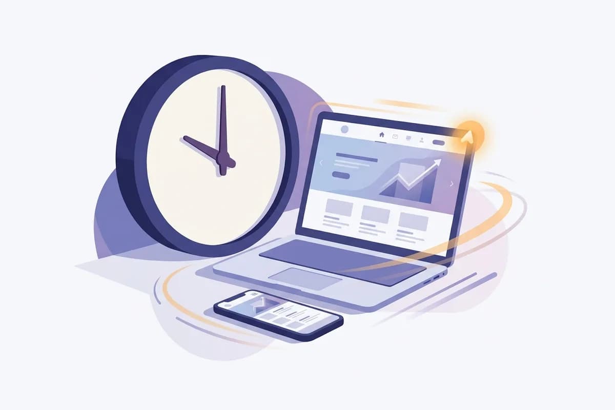 Bikin website 1 hari: jam yang jarumnya baru bergerak sedikit di samping website bisnis yang sudah tayang di laptop dan HP, tanda situs jadi jauh sebelum satu hari berlalu