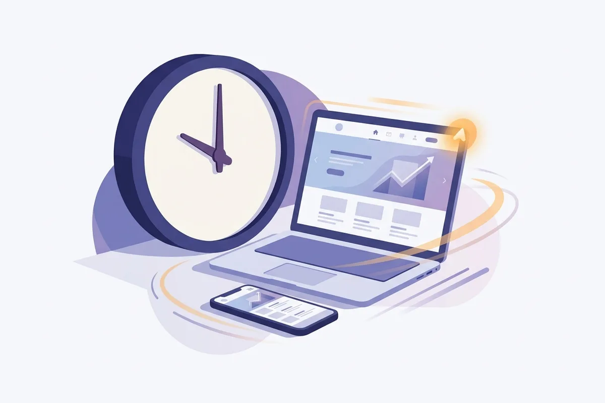Bikin website 1 hari: jam yang jarumnya baru bergerak sedikit di samping website bisnis yang sudah tayang di laptop dan HP, tanda situs jadi jauh sebelum satu hari berlalu