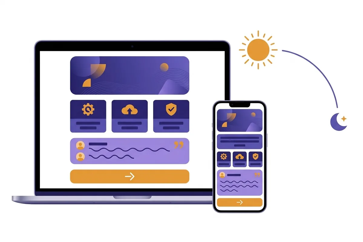 Bikin website company profile sendiri dalam sehari: website perusahaan lengkap dengan hero, layanan, testimoni, dan tombol kontak tampil di laptop dan HP, dengan matahari bergerak dari pagi ke malam