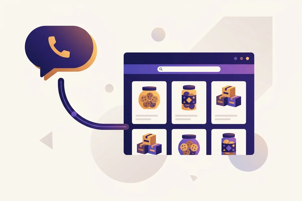 Bikin website toko online sendiri: jendela website berisi katalog produk terhubung ke balon chat WhatsApp lewat satu garis, tanda order masuk langsung ke percakapan