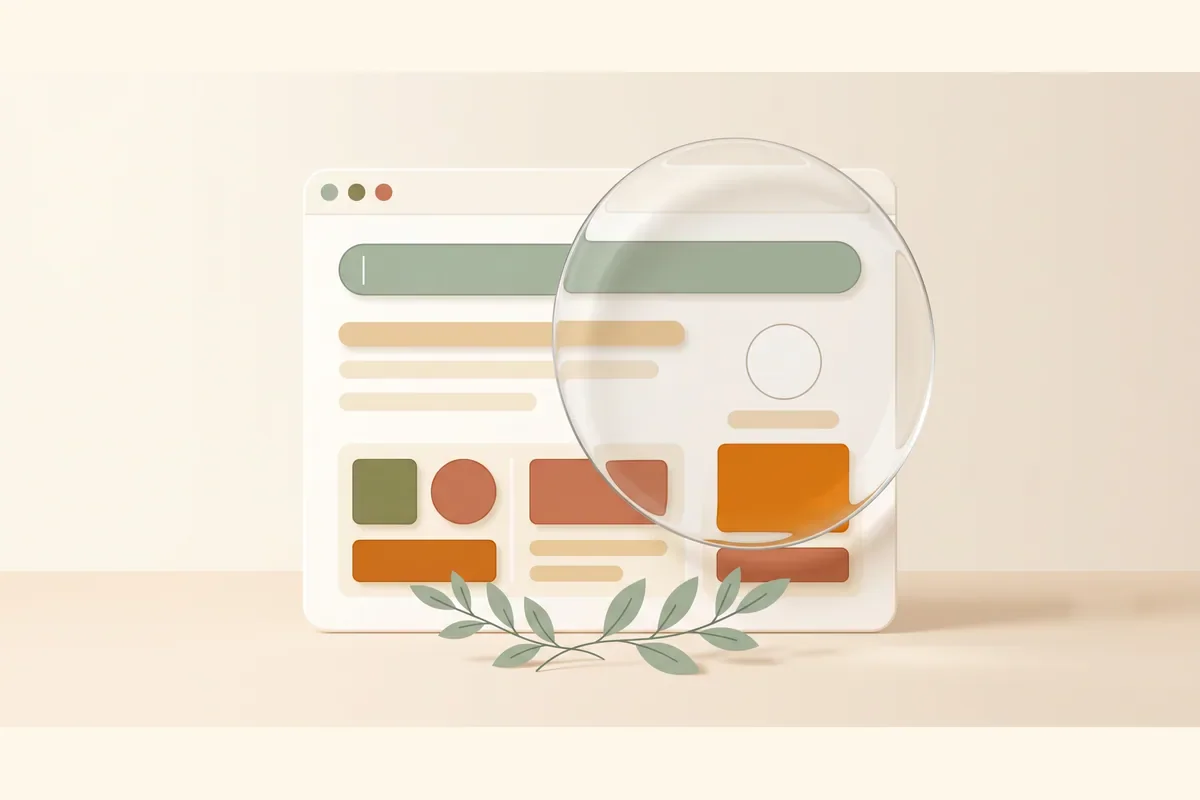 A browser window mockup of an AI website builder examined through a magnifying lens, illustrating a close review of what the tool produces.