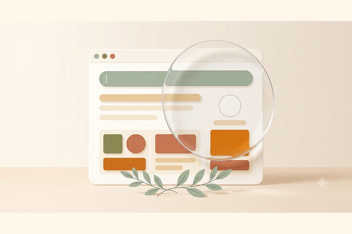 A browser window mockup of an AI website builder examined through a magnifying lens, illustrating a close review of what the tool produces.