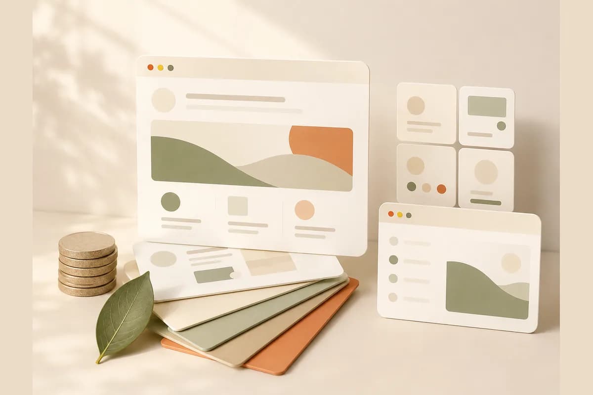 A browser window rising above a fan of business paperwork and coins, showing how Bookipi bolts a website builder onto a broader small business toolkit.
