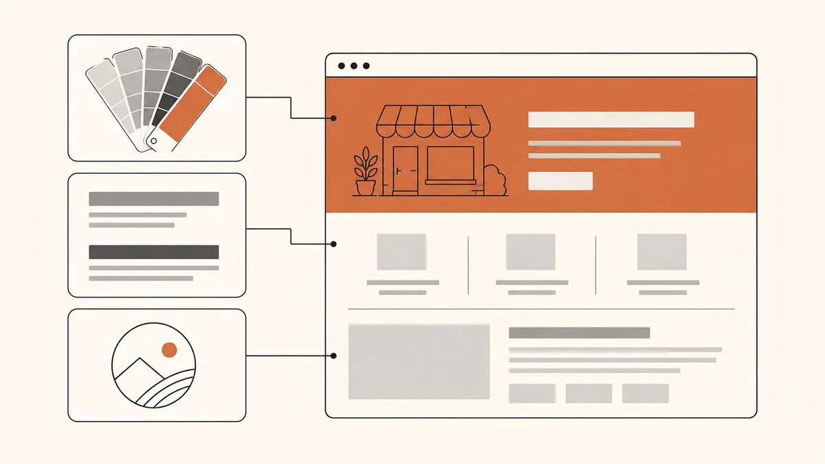 Jendela browser berisi halaman website bisnis kecil dengan bagian atas berwarna terakota, ditemani tiga kartu acuan di sampingnya berisi kipas contoh warna, contoh dua ketebalan huruf, dan satu logo lingkaran sederhana.