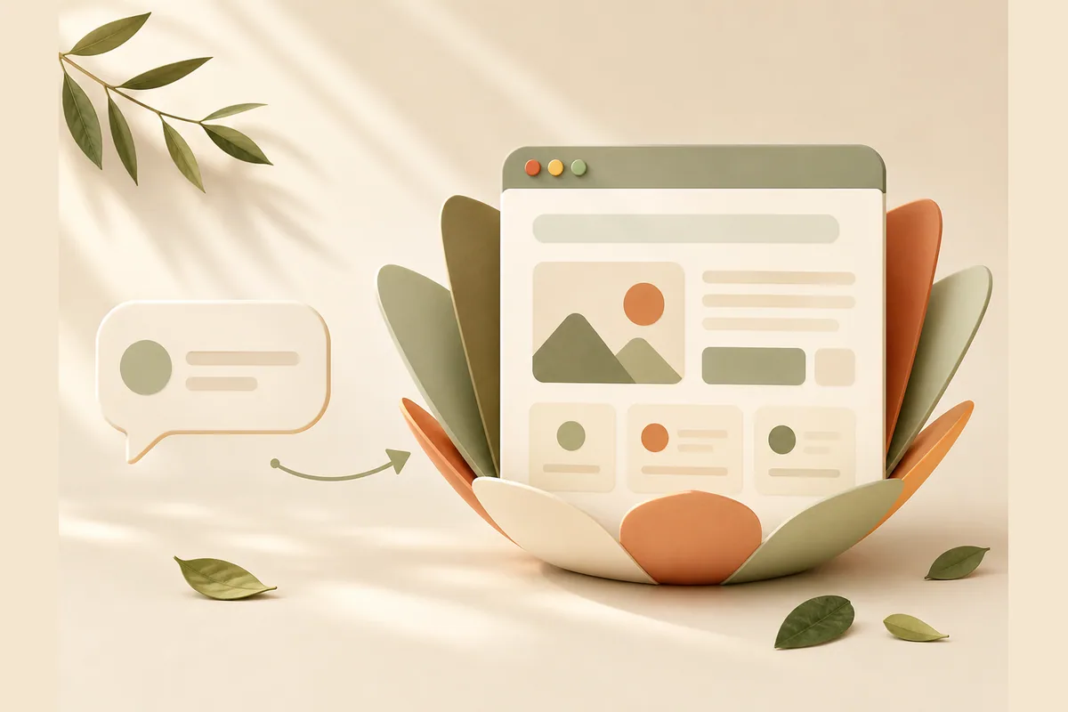 Gelembung percakapan terhubung ke mockup jendela browser yang mekar, menggambarkan membuat website gratis dari sebuah prompt dengan AI.