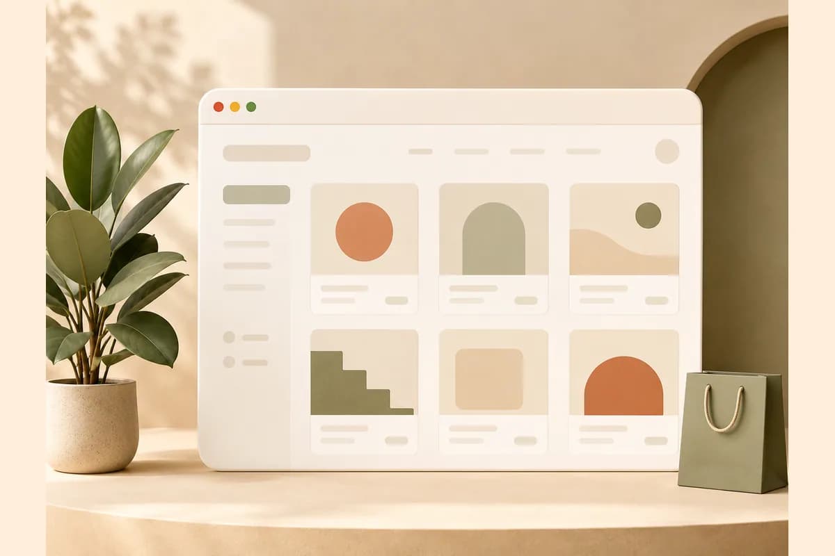 Mockup editorial hangat dari website jualan dengan kartu produk, bukti kepercayaan, dan jalur order yang jelas.