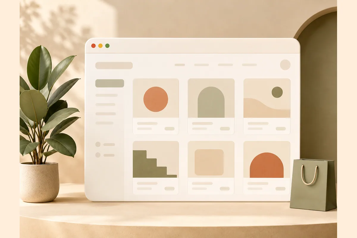Mockup editorial hangat dari website jualan dengan kartu produk, bukti kepercayaan, dan jalur order yang jelas.