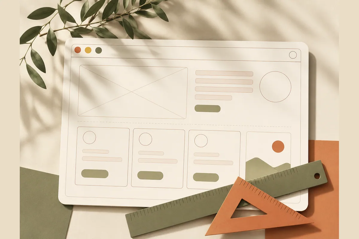 Mockup jendela browser terbentang seperti rancangan di atas meja gambar dengan penggaris dan penyiku, menggambarkan cara menyusun struktur landing page.