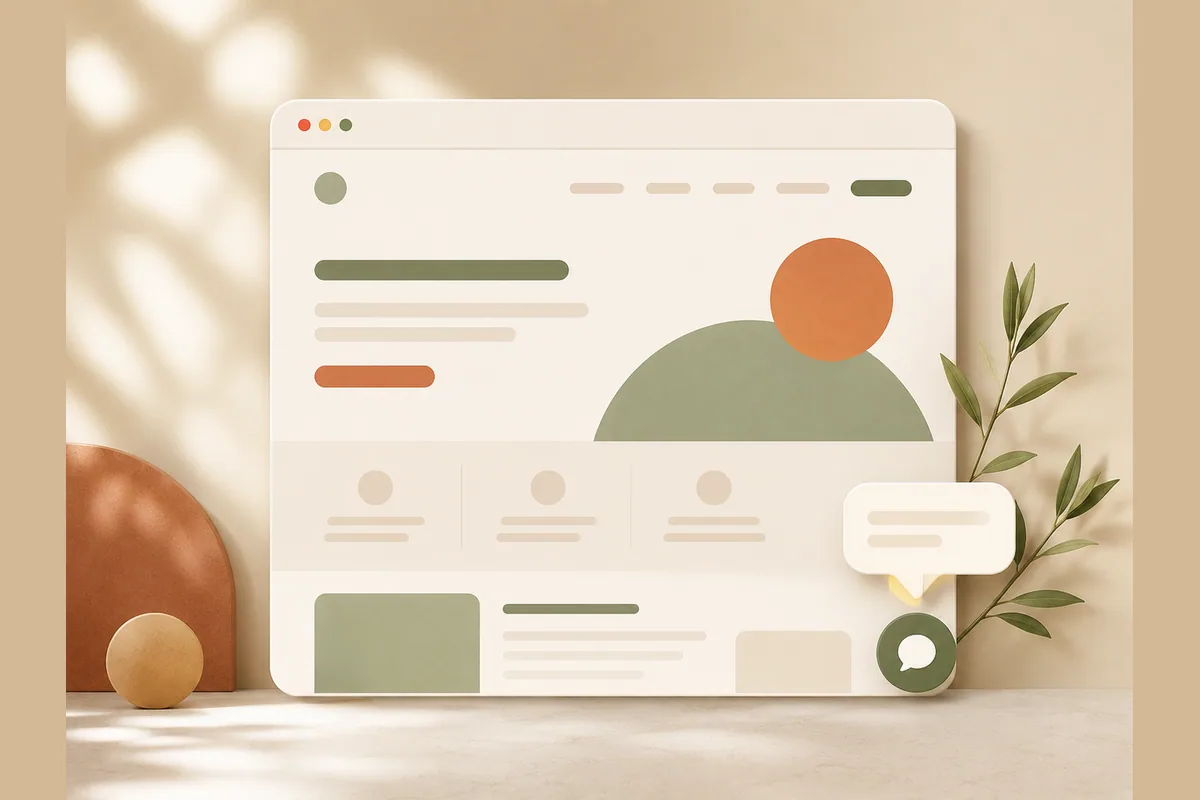 A small business website mockup with a clearly visible chat button in the lower corner.