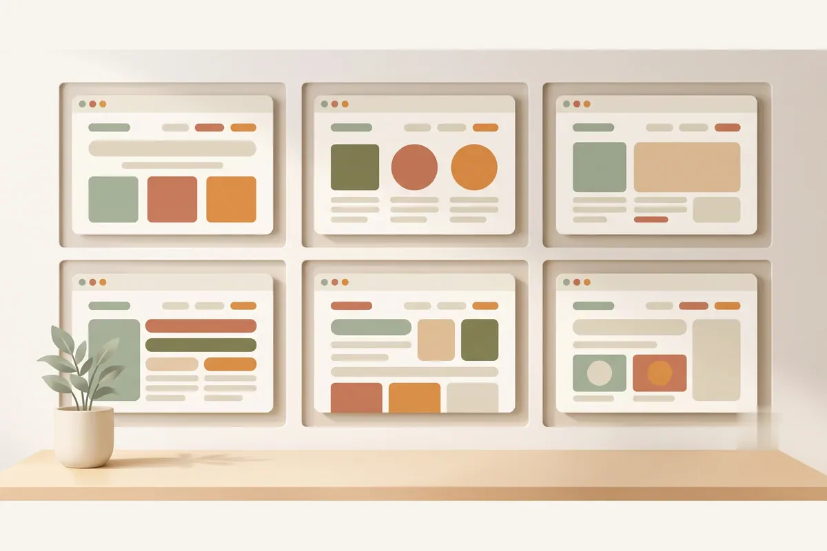 Galeri berisi beberapa mockup jendela browser yang masing-masing menampilkan tata letak landing page berbeda, menggambarkan kumpulan contoh landing page yang bisa ditiru.