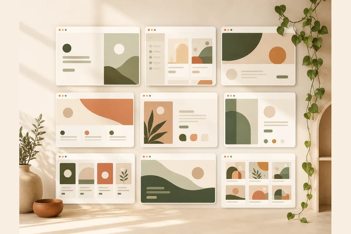 Dinding galeri berisi banyak mockup browser kecil dengan blok gambar dan kartu proyek, menampilkan kumpulan contoh website portofolio dari berbagai profesi.