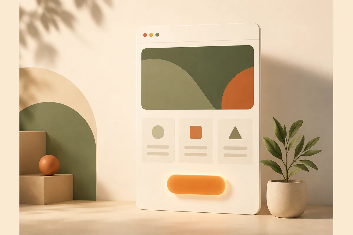 Mockup jendela browser menampilkan satu landing page rapi dengan banner utama, tiga kartu, dan satu tombol menonjol, menggambarkan prinsip desain yang menjual.