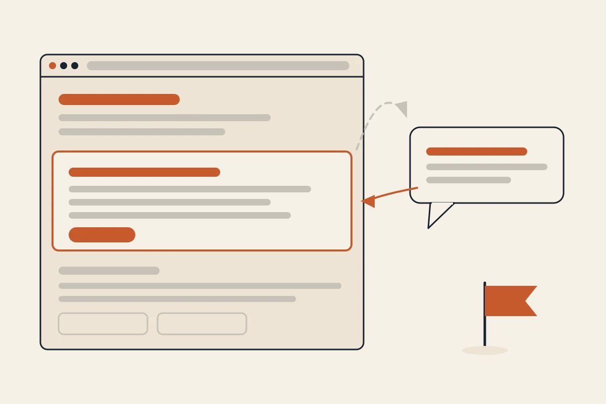 A published business website whose middle section is outlined in terracotta while a speech bubble beside it feeds a change back into that one section, with a planted flag showing the site is already live