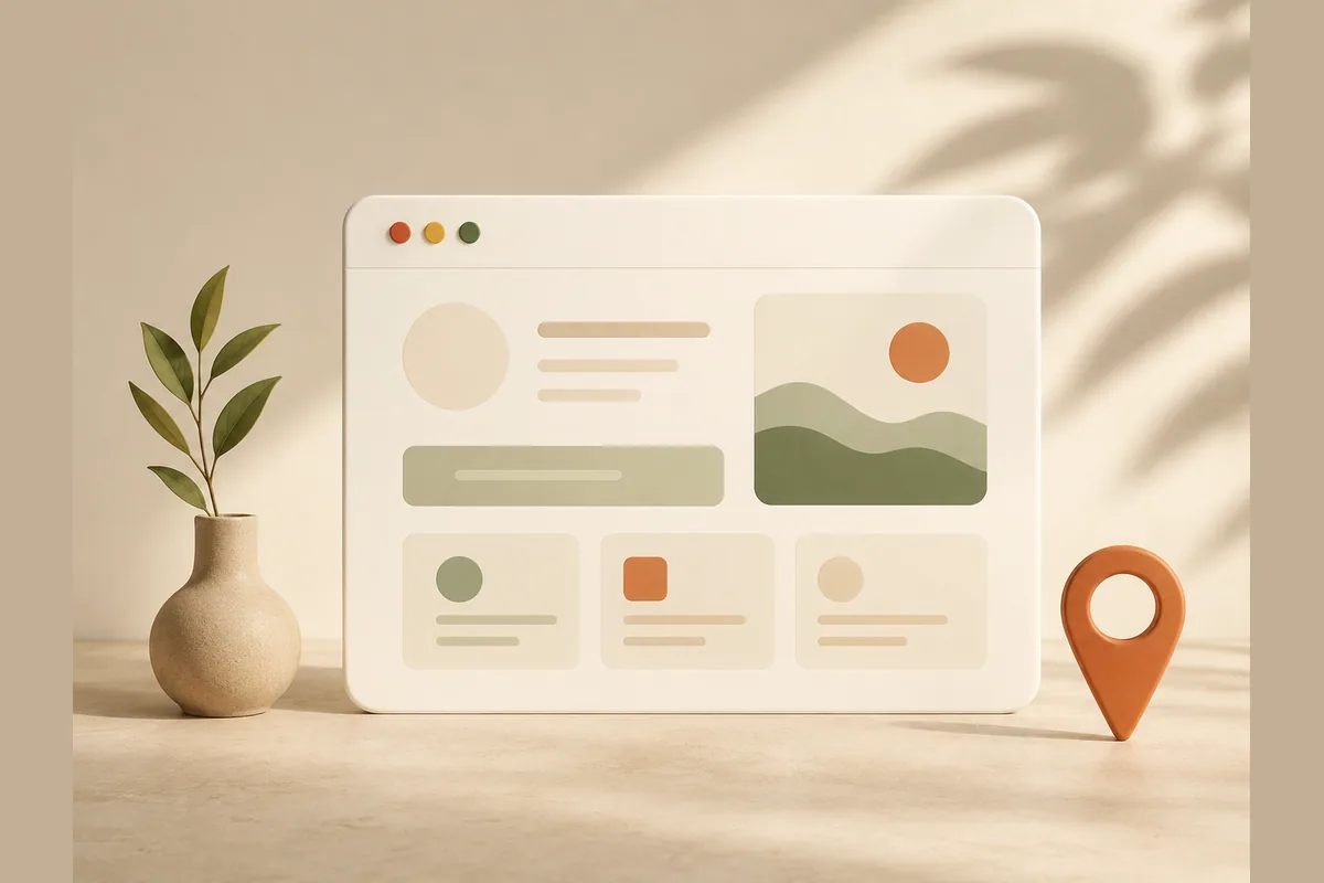 Ilustrasi jendela browser berbentuk papan alamat dengan penanda lokasi, menggambarkan domain sebagai alamat bisnis di internet.