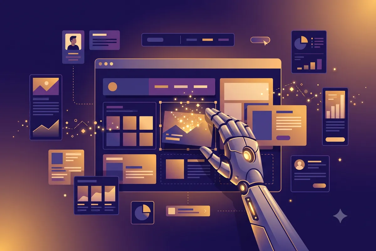Tangan robot menyusun blok-blok layout website di kanvas browser besar, dikelilingi kartu-kartu UI yang melayang, mewakili cara kerja AI website builder seperti Durable