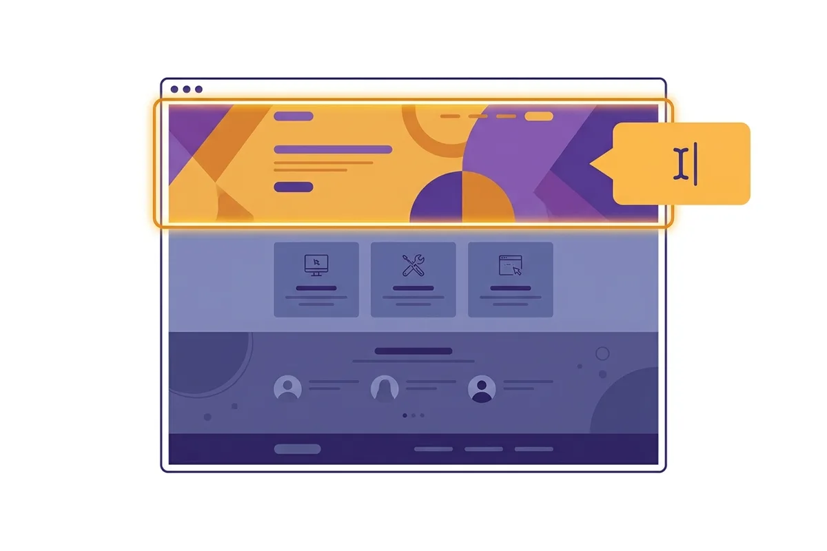Edit website per section: satu bagian hero di halaman website menyala dengan garis amber saat gelembung percakapan mengetikkan perubahan, sementara bagian lain tetap utuh