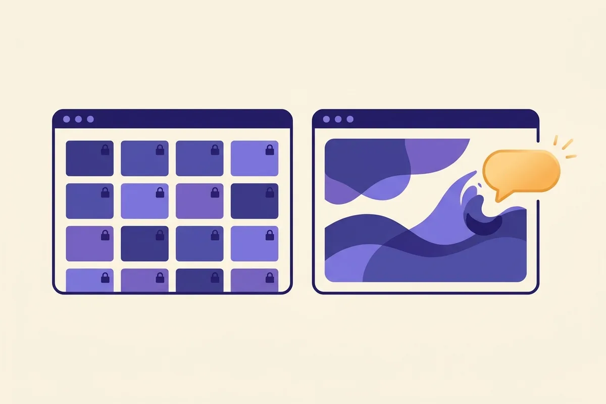 Two browser windows side by side: one filled with a rigid grid of locked template blocks, the other with flowing sections being reshaped by an amber chat bubble