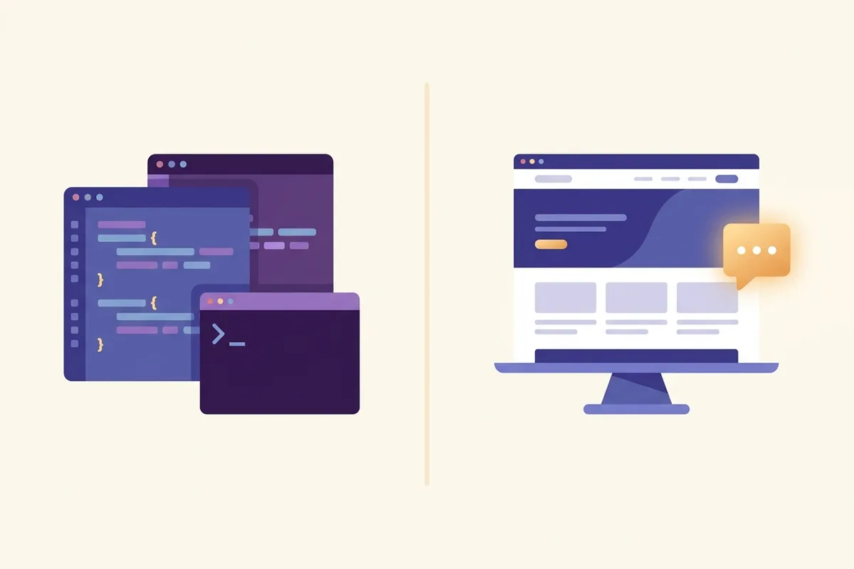 Split illustration: code editor and terminal windows on the left, a finished business website with an amber chat bubble on a monitor on the right