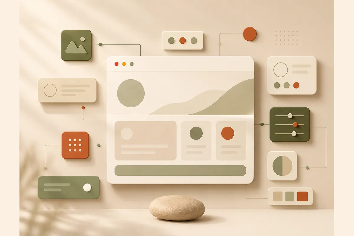 Illustration of a browser mockup ringed by floating design components and guide lines, representing Framer's designer-grade AI builder.