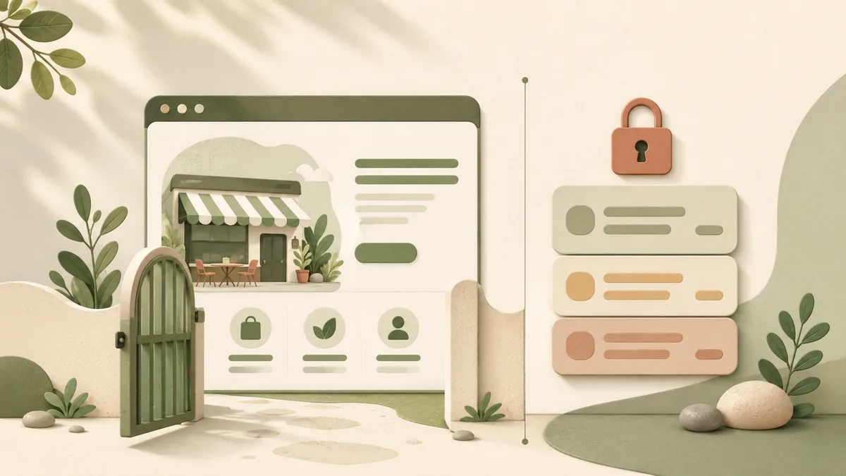 An open garden gate leading to a browser window with a finished small business site, while a stack of feature cards sits locked behind a hairline boundary under a terracotta padlock, showing where a free AI website builder plan ends and the paywall starts