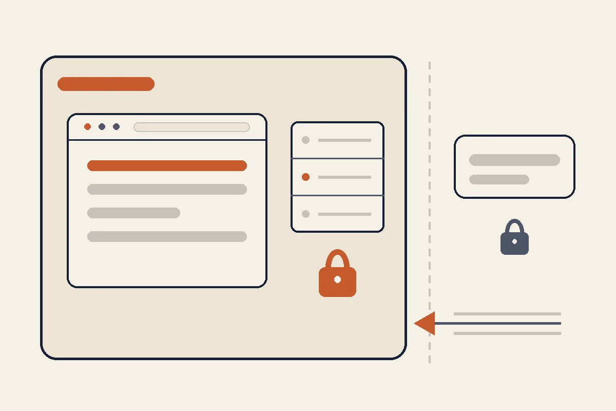One large box holding a published website, a server stack and a terracotta padlock together, while a domain card and a second locked padlock sit outside it behind a dashed boundary, with arrows showing visitor traffic flowing freely into the box