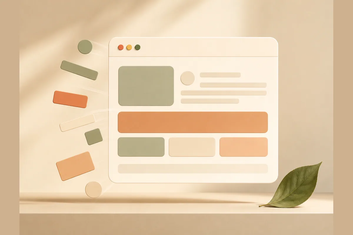 Illustration of a browser window building itself from floating shapes, representing GoDaddy's AI website builder generating a site automatically.