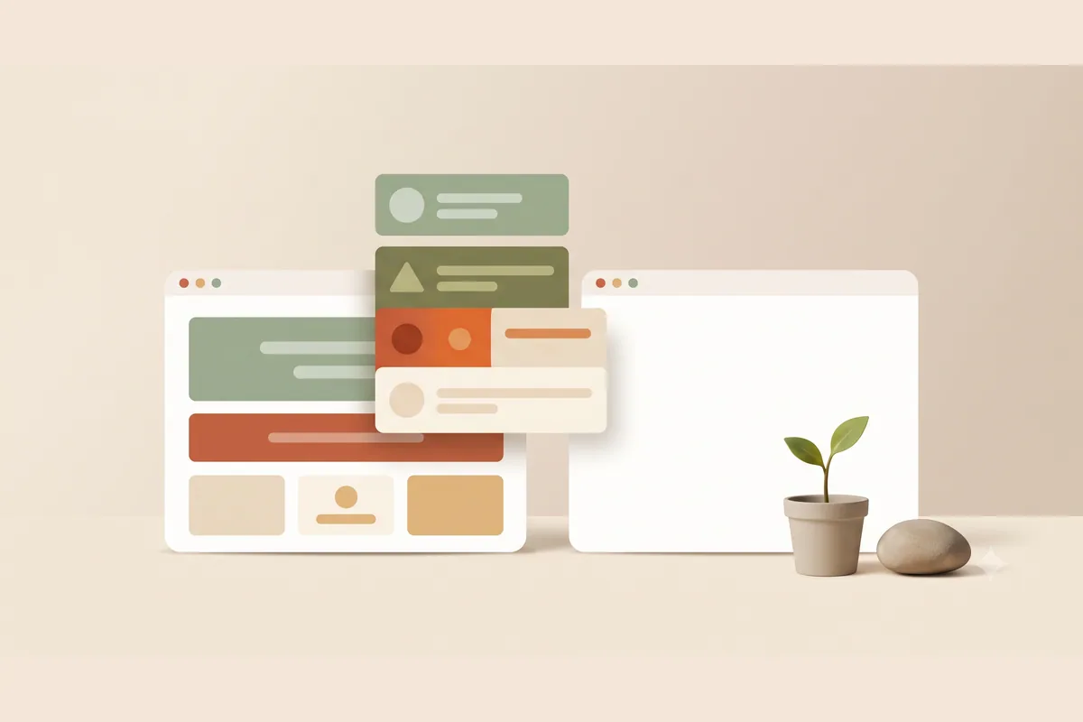 A browser window mockup mid-transfer as content blocks lift off one window and settle into a fresh empty one beside it, representing rebuilding a site after leaving Hocoos.