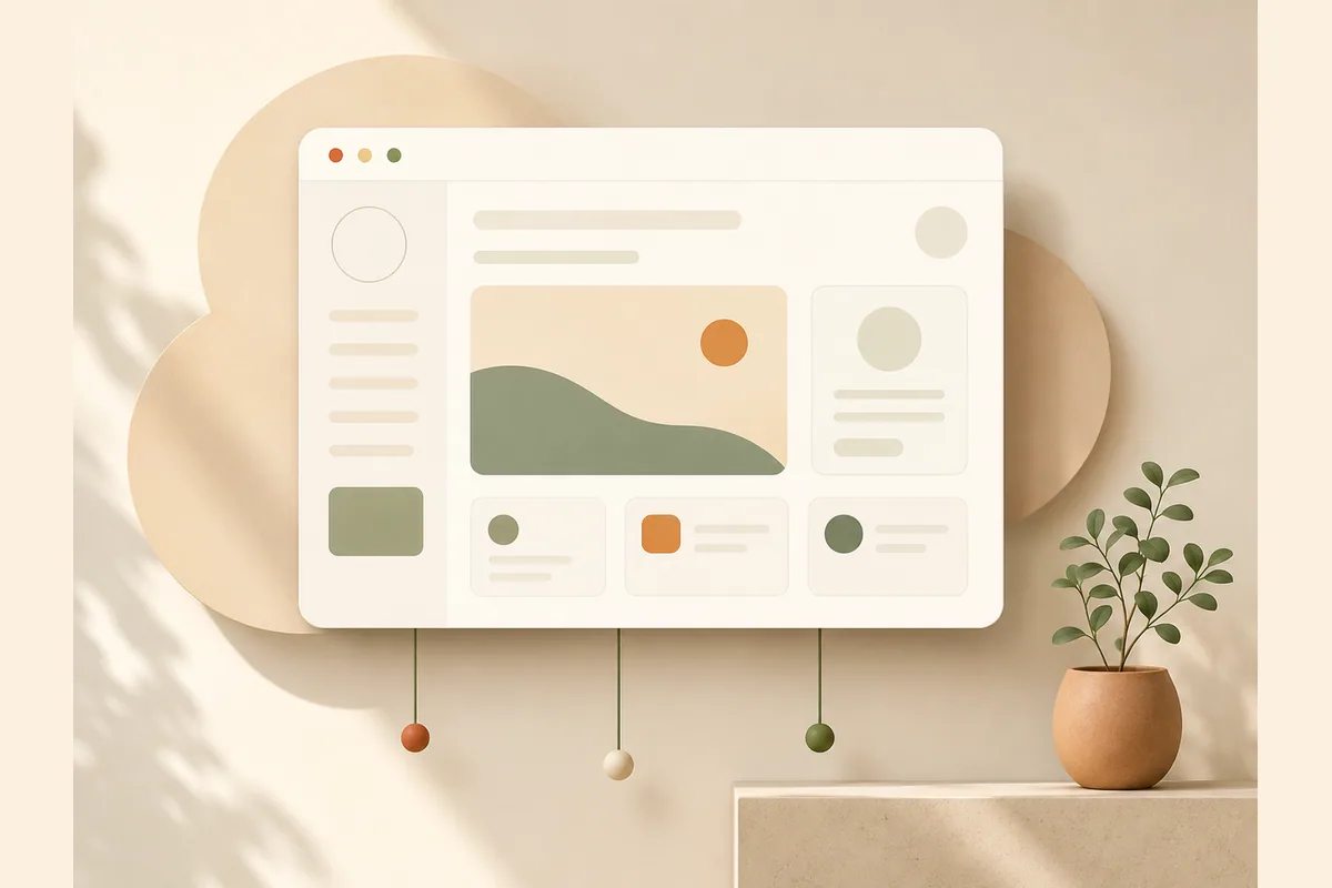 Mockup jendela browser mengambang di atas bentuk awan lembut, menggambarkan konsep hosting website gratis.