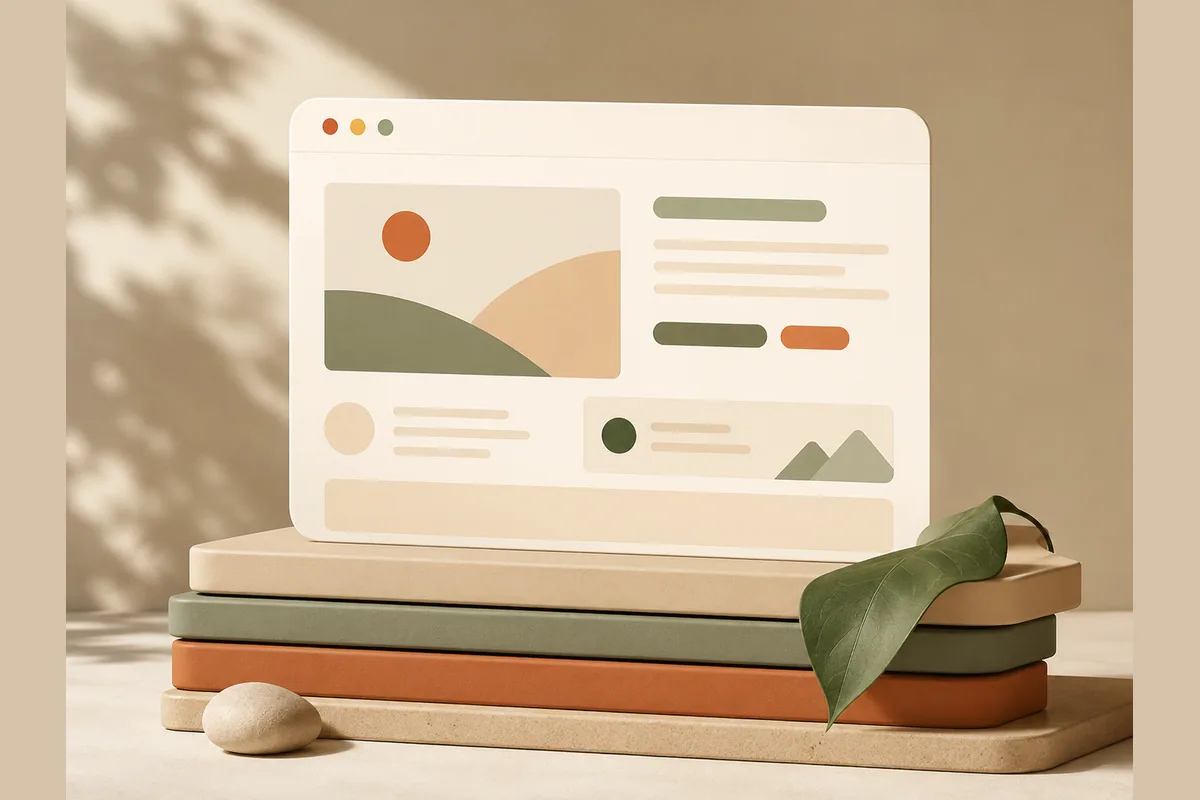 Illustration of a browser mockup emerging from stacked hosting slabs, representing Hostinger's hosting-bundled AI website builder.
