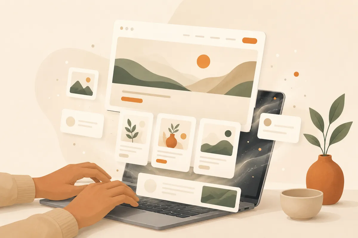 An AI website builder assembling a complete website from a short prompt