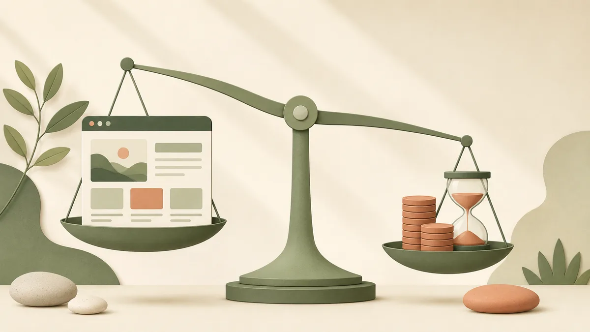 A balance scale weighing a browser window holding a finished business web page on one pan against a stack of coins and an hourglass on the other, the beam tipping toward the finished site