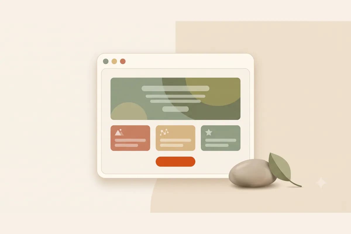 Mockup jendela browser berisi satu landing page fokus dengan satu blok utama besar dan satu tombol ajakan di tengah, menggambarkan landing page yang dirancang untuk satu tujuan.