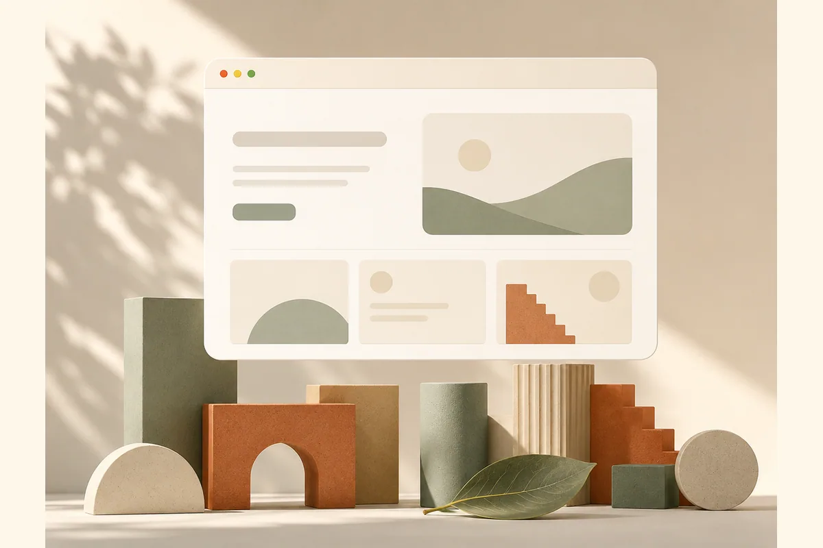 Mockup jendela browser melayang di atas kumpulan blok geometris menyerupai skyline kota, menggambarkan website untuk bisnis di Bandung.