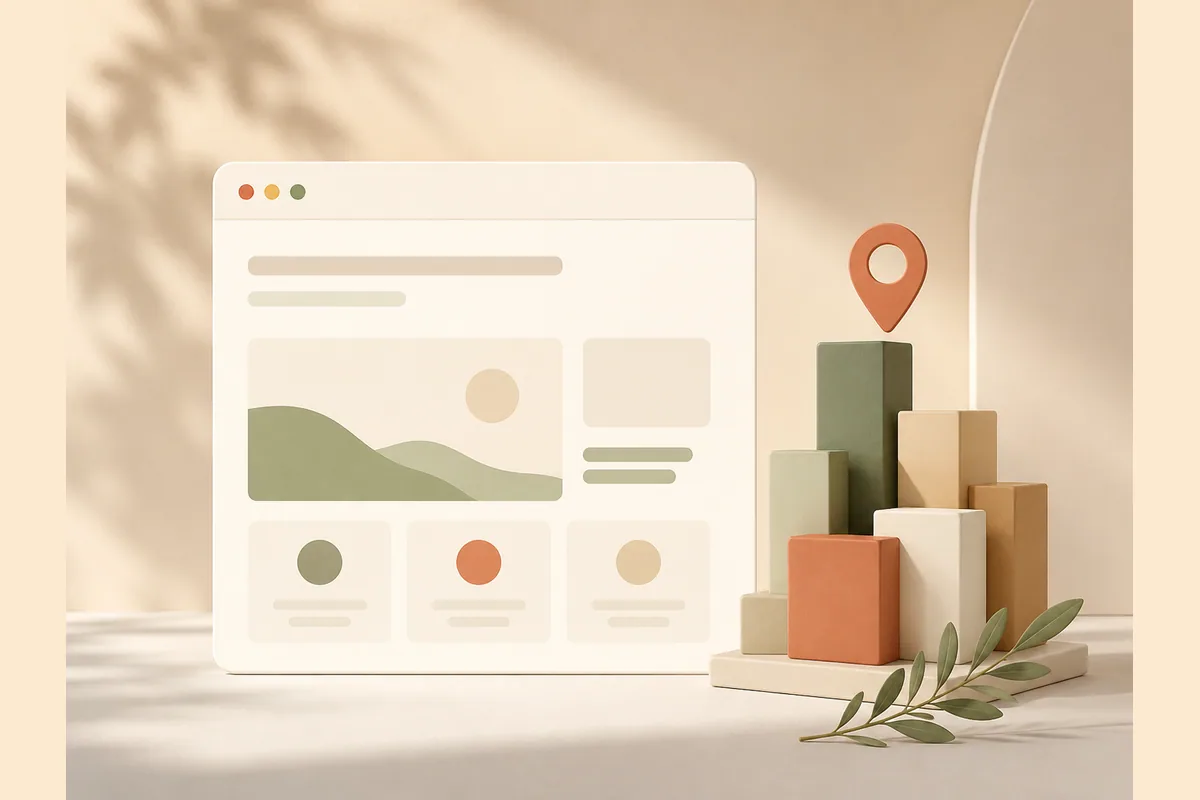 Mockup jendela browser di samping deretan gedung sederhana dengan pin lokasi, menggambarkan jasa pembuatan website untuk bisnis di Bekasi.