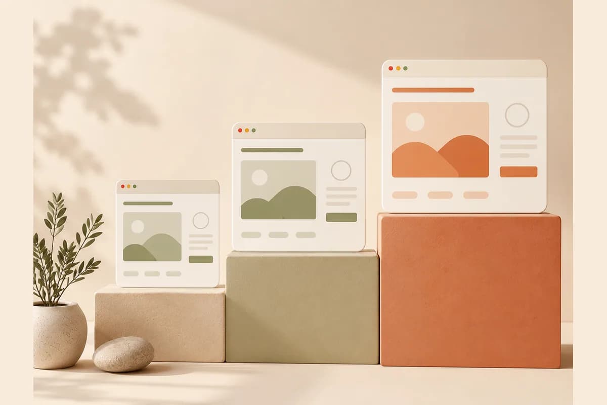 Tiga podium bertingkat yang masing-masing memegang mockup jendela browser makin besar, menggambarkan rentang harga jasa website di Bogor.